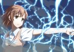  biribiri brown_eyes brown_hair electricity hair_ornament hairpin highres iyakun misaka_mikoto outstretched_arm school_uniform short_hair solo sweater_vest to_aru_kagaku_no_railgun to_aru_majutsu_no_index 