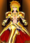  1girl armor blonde_hair breasts crossed_legs earrings fate/stay_night fate/zero fate_(series) faulds full_armor gauntlets genderswap gilgamesh greaves hair_ornament hairclip highres jewelry legs_crossed long_hair navel necklace pauldrons red_eyes sitting skirt smirk solo tattoo throne tomoki_(tyamorarara) 