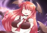  :d ^_^ bat_wings blush breast_hold breasts closed_eyes dress_shirt dutch_angle eyes_closed hammer_(sunset_beach) head_wings koakuma long_hair low_wings magic_circle necktie open_mouth red_hair redhead shirt skirt skirt_set smile solo touhou very_long_hair vest white_shirt wings 