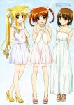  absurdres blonde_hair blush brown_hair dress fate_testarossa feet high_heels highres legs lyrical_nanoha mahou_shoujo_lyrical_nanoha mahou_shoujo_lyrical_nanoha_a&#039;s mahou_shoujo_lyrical_nanoha_a's mahou_shoujo_lyrical_nanoha_the_movie_2nd_a's megami multiple_girls official_art okuda_yasuhiro open_mouth open_shoes red_eyes sandals scan shoes short_hair smile takamachi_nanoha toes twintails yagami_hayate 