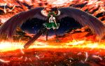  alternate_weapon arm_cannon bandage bandages black_legwear black_wings boots bow brown_hair cape cloud clouds feathers hair_bow highres large_wings long_hair nekominase red_eyes reiuji_utsuho shirt skirt sky solo space sparks sunset thigh-highs thighhighs third_eye touhou wallpaper weapon wings zettai_ryouiki 