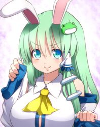  animal_ears aqua_ayes aqua_eyes ascot blue_eyes breasts bunny_ears detached_sleeves frog_hair_ornament green_hair hair_ornament kemonomimi_mode kochiya_sanae large_breasts long_hair looking_at_viewer multicolored_eyes rabbit_ears smile snake_hair_ornament solo tori_(minamopa) touhou 