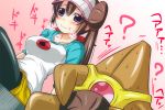  black_legwear blue_eyes blush confused dutch_angle eating hair_bun long_hair mei_(pokemon) nishi_koutarou pantyhose pokemon pokemon_(game) pokemon_bw2 raglan_sleeves simple_background sitting solo staryu sweat twintails very_long_hair visor_cap 