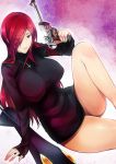  arm_support armband breasts cross garakuta gun hair_over_one_eye handgun highres impossible_clothes impossible_shirt inverted_cross large_breasts leg_up legs lips long_hair long_legs naked_shirt parasoul_(skullgirls) pistol red_eyes red_hair redhead sitting skullgirls solo sweater taut_shirt thick_thighs thighs umbrella weapon 