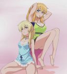  adjusting_hair anklet babydoll barefoot blonde_hair blue_eyes breasts choker cleavage cover cropped dvd_cover elf feet frills fujii_masahiro hands_on_feet jewelry large_breasts long_hair long_legs lukshana mouth mouth_hold multiple_girls nail_polish official_art parted_lips pink_nails pointy_ears ribbon sitting tiffania_westwood toenail_polish yellow_nails yokozuwari zero_no_tsukaima 