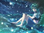  alternate_costume antennae barefoot fingerless_gloves fireflies full_moon gloves goggles goggles_on_head green_eyes green_hair ibuki_notsu in_tree light_particles midriff moon mountain night notsugimi short_hair sitting sitting_in_tree solo touhou tree wriggle_nightbug wrist_cuffs 