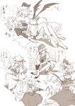  apron barefoot flandre_scarlet full_body girl_on_top gloves highres hong_meiling izayoi_sakuya koakuma lying maid monochrome multiple_girls non_(z-art) patchouli_knowledge pointing remilia_scarlet scarf side_slit sitting touhou translation_request yuri 