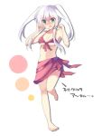  arms_up bare_shoulders barefoot bikini blue_eyes blush breasts cleavage embarrassed frown jpeg_artifacts long_hair mishima_kurone no_nose original sleeveless solo standing_on_one_leg swimsuit white_hair 