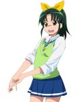  a1 bow green_eyes green_hair hair_bow midorikawa_nao open_mouth precure school_uniform short_hair skirt sleeves_rolled_up smile_precure! solo sweater_vest 