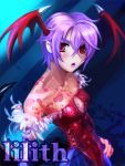  bare_shoulders blood blood_splatter blue_legwear character_name cleavage_cutout corset demon_girl elbow_gloves flat_chest gloves hand_on_hip head_wings lilith_aensland lipstick makeup pantyhose purple_hair purple_lipstick red_eyes short_hair skinny solo succubus vampire_(game) zero_hime 