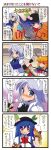  4koma black_gloves blonde_hair blue_eyes blue_hair bottle bow braid closed_eyes comic crowd dei_shirou eyes_closed fang fighting_stance fingerless_gloves food fruit gloves hair_bow hat highres hinanawi_tenshi horns ibuki_suika izayoi_sakuya long_hair multiple_girls open_mouth peach red_eyes ribbon sake_bottle shirt silver_hair skirt smile touhou translated translation_request twin_braids wrestling_outfit wrestling_ring 