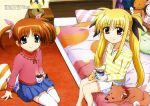  absurdres arf bed blonde_hair blue_eyes casual detexted drink fate_testarossa ferret highres ibata_shouta lyrical_nanoha mahou_shoujo_lyrical_nanoha mahou_shoujo_lyrical_nanoha_a&#039;s mahou_shoujo_lyrical_nanoha_a's mahou_shoujo_lyrical_nanoha_the_movie_2nd_a&#039;s mahou_shoujo_lyrical_nanoha_the_movie_2nd_a's megami multiple_girls official_art red_eyes scan short_hair short_twintails smile stuffed_animal stuffed_toy takamachi_nanoha thigh-highs thighhighs twintails white_legwear yuuno_scrya zettai_ryouiki 