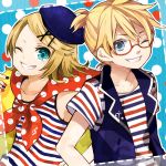  1girl aqua_eyes beret blonde_hair blue_eyes brother_and_sister buzz collaboration glasses grin hair_ornament hairclip hat kagamine_len kagamine_rin looking_at_viewer nail_polish sailor_collar short_hair siblings smile tama_(songe) twins vocaloid wink 