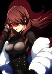  absurdres bodysuit breasts fur_coat hair_over_one_eye highres kirijou_mitsuru lips persona persona_3 persona_4:_the_ultimate_in_mayonaka_arena red_eyes red_hair redhead scan skin_tight smile sogabe_shuuji solo sunglasses 