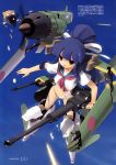  a6m_zero absurdres bangs blue_hair blue_sky blunt_bangs cannon gun hair_ribbon highres jiji jpeg_artifacts long_hair machine_gun mc_axis mecha_musume navel original personification ponytail propeller red_eyes ribbon scan school_swimsuit school_uniform serafuku sky solo swimsuit swimsuit_under_clothes thigh_ribbon torn_clothes torn_swimsuit tracer_bullets weapon white_school_swimsuit 