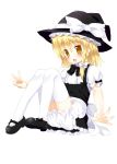  :d blonde_hair bloomers blush braid child hat hat_ribbon kirisame_marisa long_hair mary_janes meito_(maze) open_mouth outstretched_hand ribbon shoes single_braid smile solo thigh-highs thighhighs touhou v white_background white_legwear witch_hat yellow_eyes 