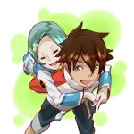  brown_hair eureka eureka_seven eureka_seven_(series) hair_ornament hairclip highres hug piggyback raglan_sleeves renton_thurston short_hair smile 