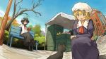  bench black_hair blonde_hair book building cat chen chen_(cat) crossed_legs dress earrings grey_eyes hat jewelry legs_crossed long_hair maribel_hearn multiple_girls shiba_murashouji short_hair sitting skirt smile squatting touhou usami_renko 