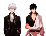  black_eyes black_hair cosplay costume_switch gintama hijikata_toushirou japanese_clothes military military_clothing military_uniform multiple_boys red_eyes sakata_gintoki shaku_(gekirin) silver_hair simple_background toggles uniform white_background white_hair 