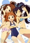  3girls :d absurdres bikini black_hair bracelet brown_hair friends ganaha_hibiki grin highres idolmaster iizuka_haruko jewelry long_hair minase_iori multicolored_hair multiple_girls namco official_art one-piece_swimsuit open_mouth scan school_swimsuit smile swimsuit takatsuki_yayoi two-tone_hair wink 