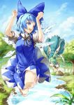  blush bow cirno daiyousei dress fairy_wings flying forest green_eyes green_hair hair_bow hair_ribbon ice ice_wings long_hair multiple_girls nature puffy_sleeves ribbon river short_hair short_sleeves side_ponytail skirt smile sukocchi touhou water wings 