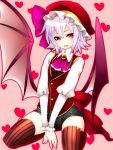  alternate_costume bat_wings brooch hat heart heart_background jewelry lavender_hair red_eyes remilia_scarlet short_hair shorts solo thigh-highs thighhighs touhou v_arms vertical-striped_legwear vertical_stripes wings yutazou 
