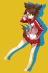  animal_ears barefoot brown_hair dog_ears dog_tail glasses green_eyes hair_ornament hairclip original rough shirabi_(life-is-free) short_hair simple_background solo tail track_jacket track_suit yellow_background zipper 