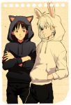  animal_ears animal_hood brown_hair bunny_ears cat_ears crossed_arms expressionless fake_animal_ears hands_in_pockets hoodie hosaka_dx ikari_shinji multiple_boys nagisa_kaworu neon_genesis_evangelion rabbit_ears white_hair 