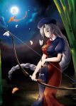  arrow bamboo bird blue_eyes bow_(weapon) braid breasts dress feathers full_moon hat long_hair looking_at_viewer moon narumizg night nurse_cap phoenix silver_hair single_braid solo touhou very_long_hair weapon yagokoro_eirin 