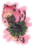  :d animal_ears blush bow braid cat_ears cat_tail dress extra_ears fang hair_bow kaenbyou_rin katahira_masashi leg_ribbon long_hair mary_janes multiple_tails no_socks open_mouth paw_pose pointy_ears red_hair redhead shoes sketch smile solo tail touhou twin_braids twintails 