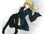  1girl black_dress black_legwear blonde_hair blush breasts cassock cleavage cross cross_necklace dress edge_(ens18) fate/protoreplica fate/stay_night fate_(series) genderswap gilgamesh knees_together_feet_apart long_hair on_back red_eyes smile solo thigh-highs thighhighs 