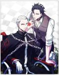  alternate_color alternate_costume arm_support black_hair cape chain chains checkered choker command_spell fate/zero fate_(series) gloves grey_eyes holding kayneth_archibald_el-melloi lancer_(fate/zero) magic_circle male multiple_boys pants role_reversal short_hair sitting sleeves_folded_up smile vest what_if wheelchair white_gloves white_hair yellow_eyes yukihime_(mofumofu2225) 