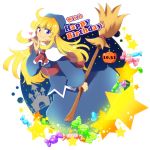  1girl blonde_hair blue_eyes broom candy character_name dated dress happy_birthday hat hitopm long_hair madou_monogatari necktie pumpkin puyopuyo shawl smile solo star witch_(puyopuyo) 