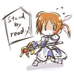  :&gt; blush_stickers brown_hair chibi dress english hair_ribbon long_sleeves lyrical_nanoha mahou_shoujo_lyrical_nanoha puffy_sleeves raising_heart ribbon short_twintails solo takamachi_nanoha twintails white_background yagami_kamiya 