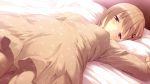  bed blush brown_hair lying nanatsu_no_fushigi_no_owaru_toki on_bed pajamas pillow short_hair solo sweat tokita_misaki toochika_misaki ueda_ryou 