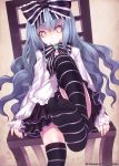  alteil blue_hair bow chair grey_eyes hair_bow kiran long_hair original parted_lips ribbon silver_eyes skirt smile solo striped striped_legwear thigh-highs thighhighs 