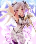  :d blush dress drill_hair feathers hat hat_ribbon highres idolmaster idolmaster_cinderella_girls imachi kanzaki_ranko looking_at_viewer open_mouth outstretched_arm pantyhose pink_eyes ribbon silver_hair sleeveless smile solo twin_drills twintails 