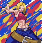  1girl abs armpits bare_shoulders belt beltskirt blonde_hair blue_eyes blue_mary bob_cut crop_top fatal_fury finger_gun fingerless_gloves gloves halter_top halterneck hand_on_hip king_of_fighters lowleg lowleg_pants midriff navel pants short_hair solo toned ura_sinomoe wink 