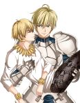  ahoge armor blonde_hair bracelet carrying fate/prototype fate/zero fate_(series) gilgamesh green_eyes jewelry male multiple_boys necklace princess_carry red_eyes saber_(fate/prototype) snakeskin_print yy_(yytomb) 