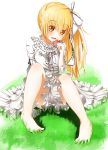  :d artist_request barefoot blonde_hair blush dress feet flower grass hair_ribbon holding holding_flower long_hair open_mouth original ribbon side_ponytail sitting smile solo toes toguro_(ojui0101) yellow_eyes 