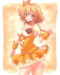  avy417 bow breasts brown_eyes choker cleavage cure_pine dress earrings fresh_precure! hair_bow highres jewelry magical_girl orange_(color) orange_background orange_dress orange_hair precure short_hair side_ponytail skirt smile solo wrist_cuffs yamabuki_inori 