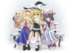  3girls alice_margatroid blonde_hair blush closed_eyes doll hairband hat kirisame_marisa long_hair multiple_girls okitakung patchouli_knowledge purple_eyes purple_hair scarf shanghai shanghai_doll shared_scarf short_hair sitting snow touhou violet_eyes witch_hat yellow_eyes 