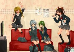  hakurei_reimu izayoi_sakuya karaoke kirisame_marisa kochiya_sanae kurau_kii school_uniform short_hair singing sleeves_pushed_up touhou 