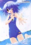  blue_hair one-piece_swimsuit open_mouth sakurazawa_izumi school_swimsuit swimsuit wading wink 