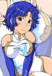  bare_shoulders blue_eyes blue_hair china_dress chinese_clothes elbow_gloves gloves kusuha_mizuha short_hair solo super_robot_wars super_robot_wars_original_generation torn_clothes zoom_layer 