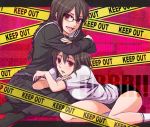  braid breasts brown_hair caution_tape durarara!! glasses gym_uniform momiage multiple_girls orihara_kururi orihara_mairu pleated_skirt red_eyes school_uniform short_hair skirt twin_braids 