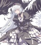  1girl akira02 black_wings dress feathers frills gothic_lolita hairband lolita_fashion long_hair purple_eyes ribbon rozen_maiden sitting solo suigintou white_background wings 