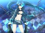  black_hair black_rock_shooter black_rock_shooter_(character) blue_eyes chain chains dual_wielding glowing glowing_eyes jacket long_hair midriff navel r-style scar shorts solo sword twintails weapon 