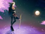  black_hair legs long_hair moon petals school_uniform seitsuji senba_uzuki skirt sword very_long_hair weapon 
