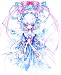  bell blue_hair cirno closed_eyes colored_eyelashes dress eyelashes hair_ribbon hands_clasped ice miri no_nose ribbon simple_background smile solo touhou traditional_media watercolor_(medium) wings 